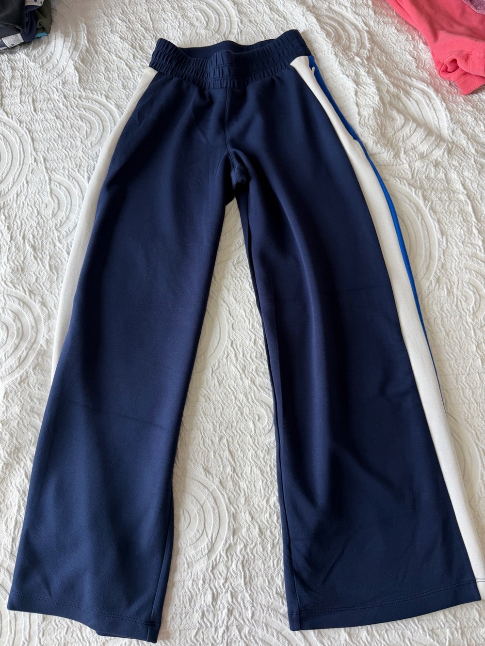 SPANX Navy Wide-Leg Track Pants with White and Blue Side Stripes